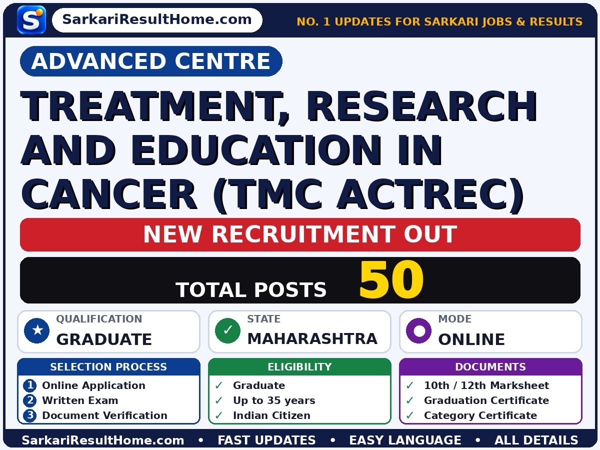 Advanced Centre Sarkari Naukri 2026 for 50 Treatment, Research and Others – Check Out - Advanced Centre sarkari naukri summary (Total Posts: 50; Last Date: 24 Aug 2026; Qualification: Graduate)