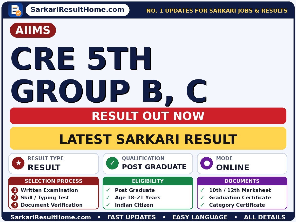 AIIMS CRE 5th Group B, C Sarkari Result 2026: Direct Link & Score Card - All India Institute of Medical Sciences sarkari result summary (Result Date: 29 Sep 2026; Exam Date: 25 Jul 2026)