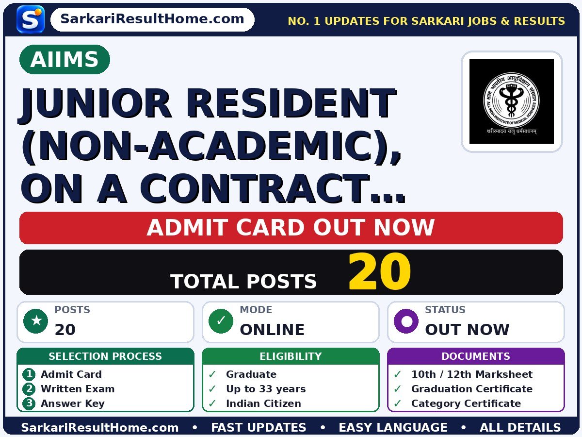 AIIMS Junior Resident (Non-Academic), on a contract basis Admit Card 2026 – Download Link - All India Institute of Medical Sciences admit card summary (Reporting: 09:00 AM (candidates reporting after 10:00 A.M. will not be )