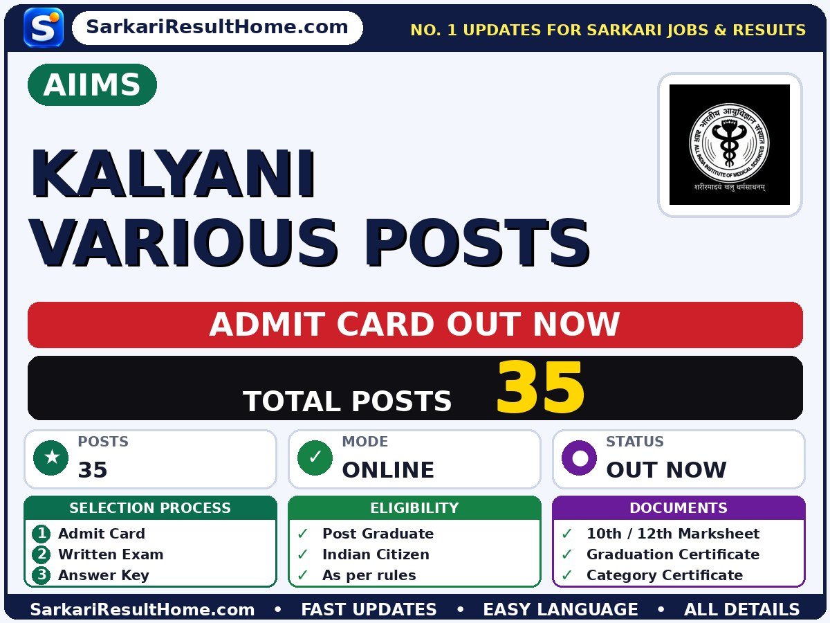 AIIMS Kalyani Various Posts Admit Card 2026 – Download Link - All India Institute of Medical Sciences admit card summary