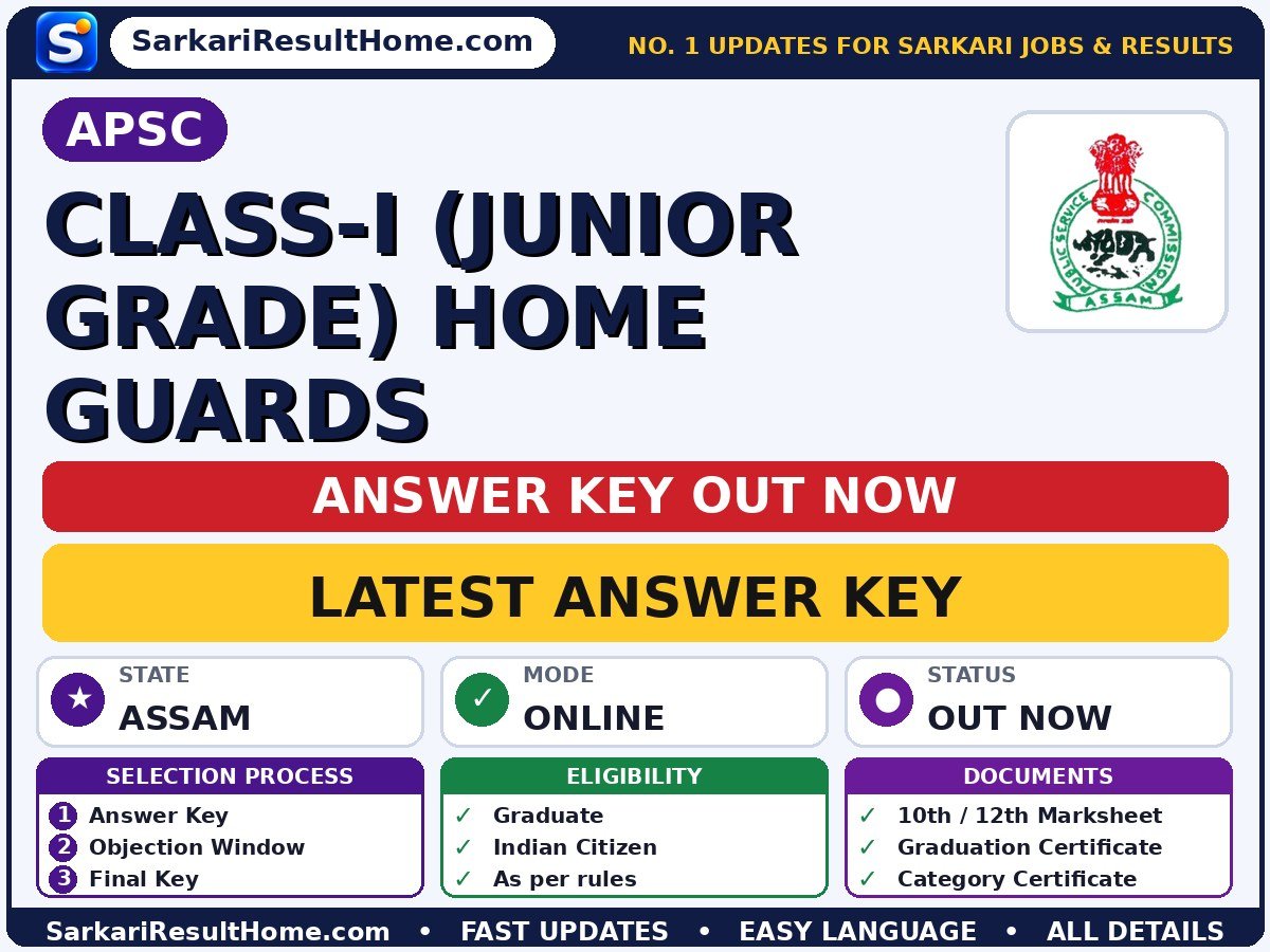 APSC Class-I (Junior Grade) Home Guards Answer Key 2026 Out – Download PDF - Assam Public Service Commission answer key summary (Exam Date: 04 Oct 2026)