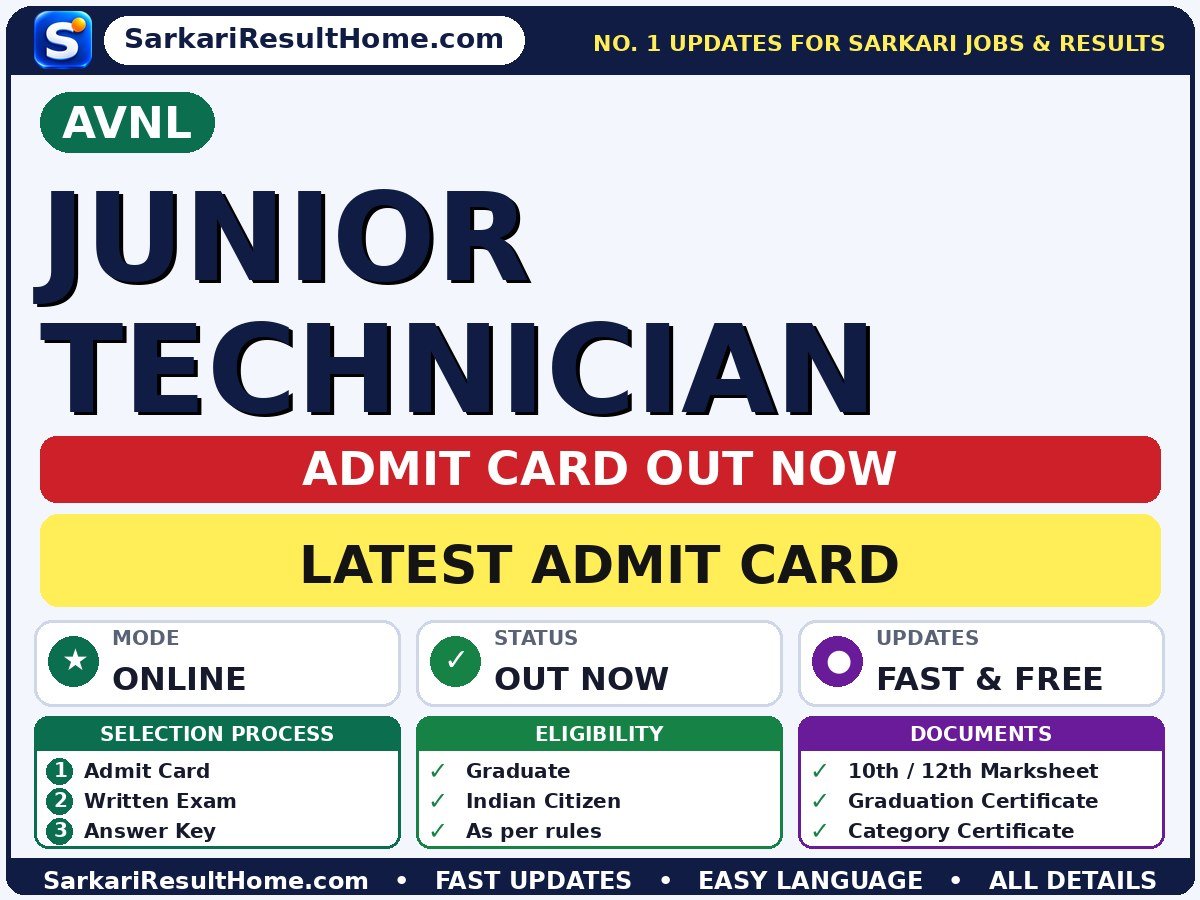 AVNL Junior Technician Admit Card 2026 Out: How to Download - Armoured Vehicles Nigam Limited admit card summary (Exam Date: 25 Oct 2026)