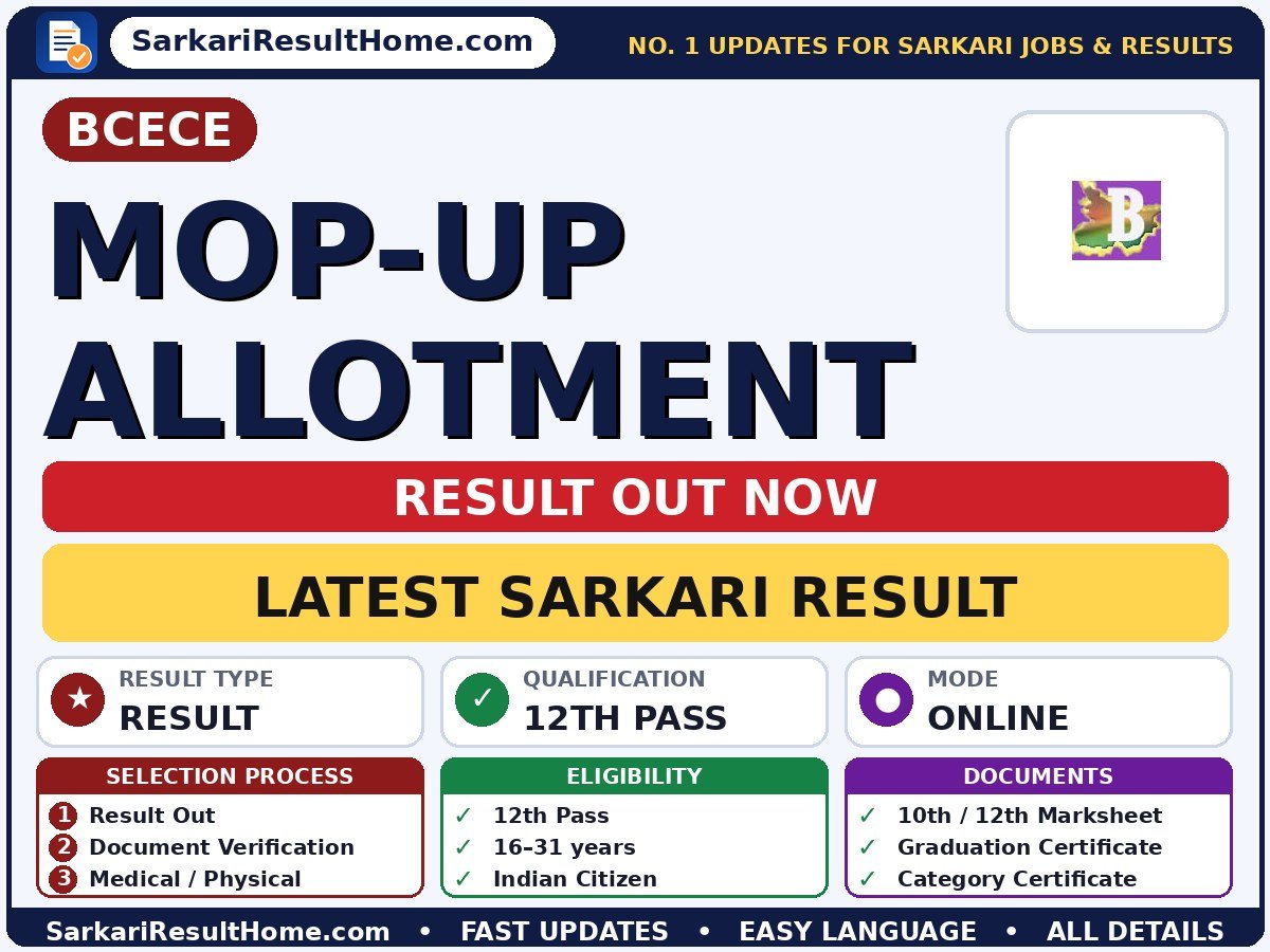 BCECE Mop-up Allotment Sarkari Result 2026: Direct Link & Score Card - BCECE sarkari result summary (Result Date: 24 Jun 2026; Exam Date: 30 May 2026)