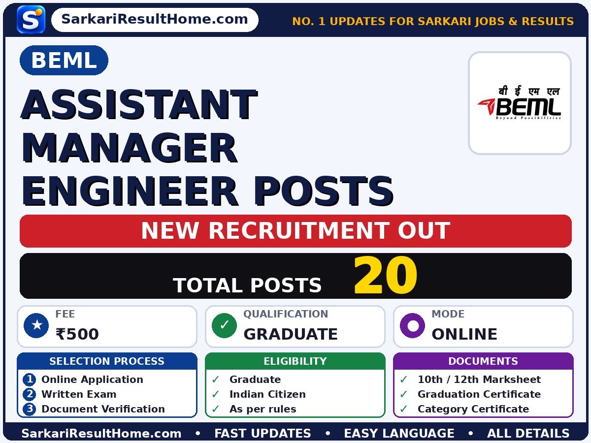 BEML Sarkari Naukri 2026 for 20 Assistant Manager Engineer Posts – Download PDF - BEML sarkari naukri summary (Total Posts: 20; Last Date: 22 Oct 2026; Qualification: Graduate)