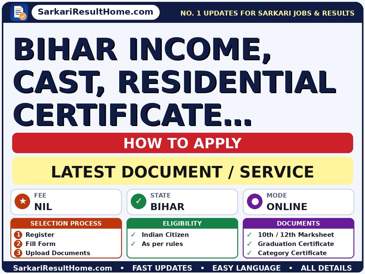 Bihar Income, Cast, Residential Certificate Online Apply & Verification 2026 Update - document / service summary (Fee: Nil)
