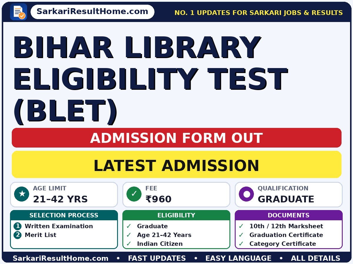 Bihar Library Eligibility Test (BLET) Admission 2026: Apply Online - admission summary (Last Date: 21 Oct 2026; Exam Date: 19 Nov 2026; Fee: ₹960)
