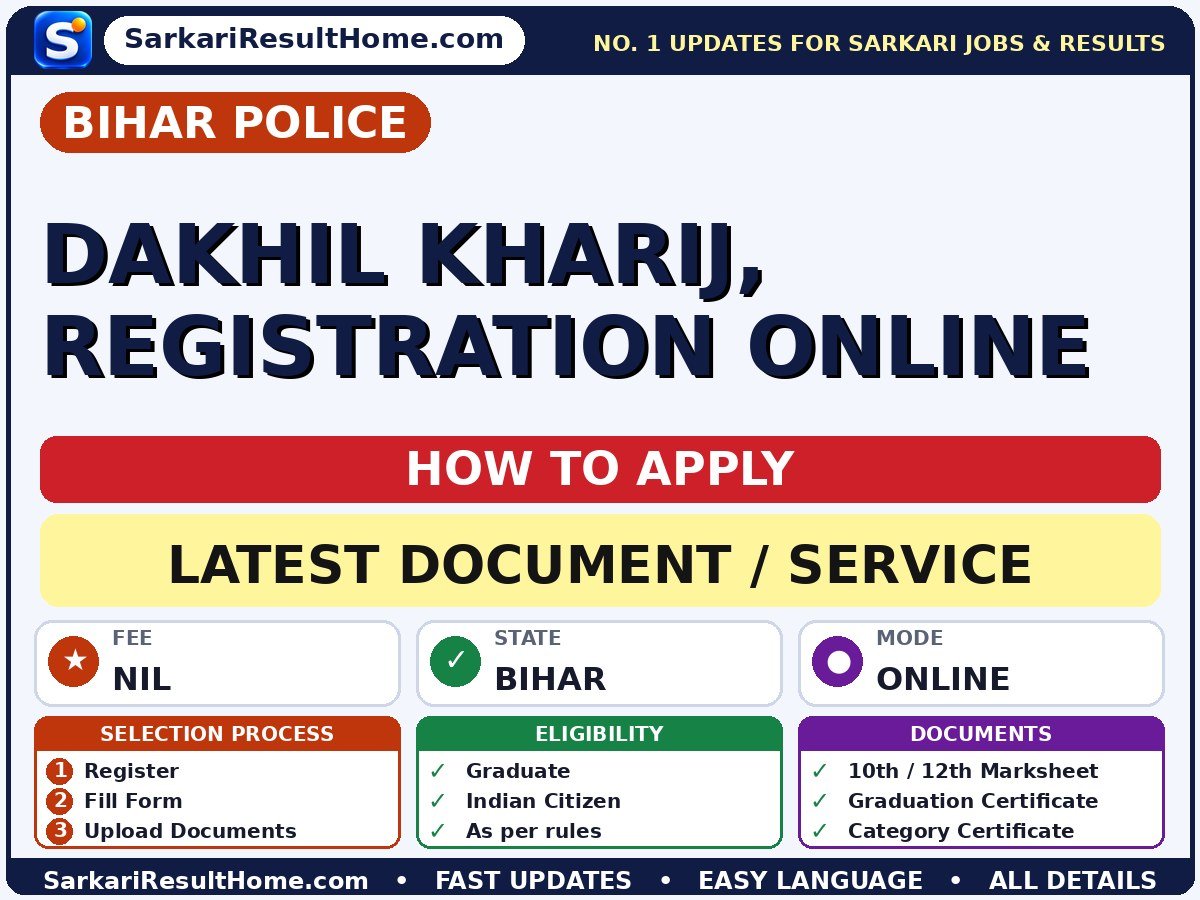 Bihar Police Dakhil Kharij, Registration Online 2026 Update - Bihar Police document / service summary (Fee: Nil)