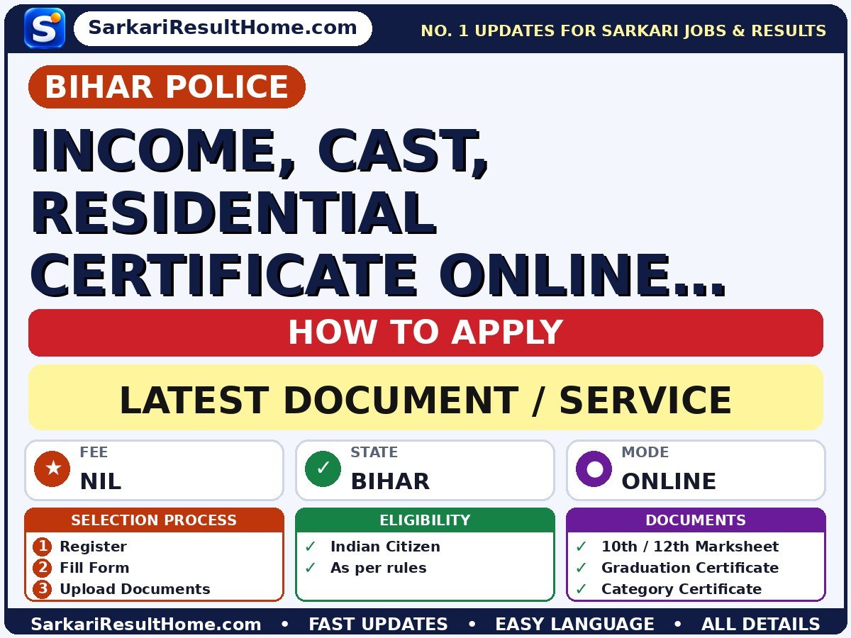 Bihar Police Income, Cast, Residential Certificate Online Verification 2026: Complete Guide - Bihar Police document / service summary (Fee: Nil)