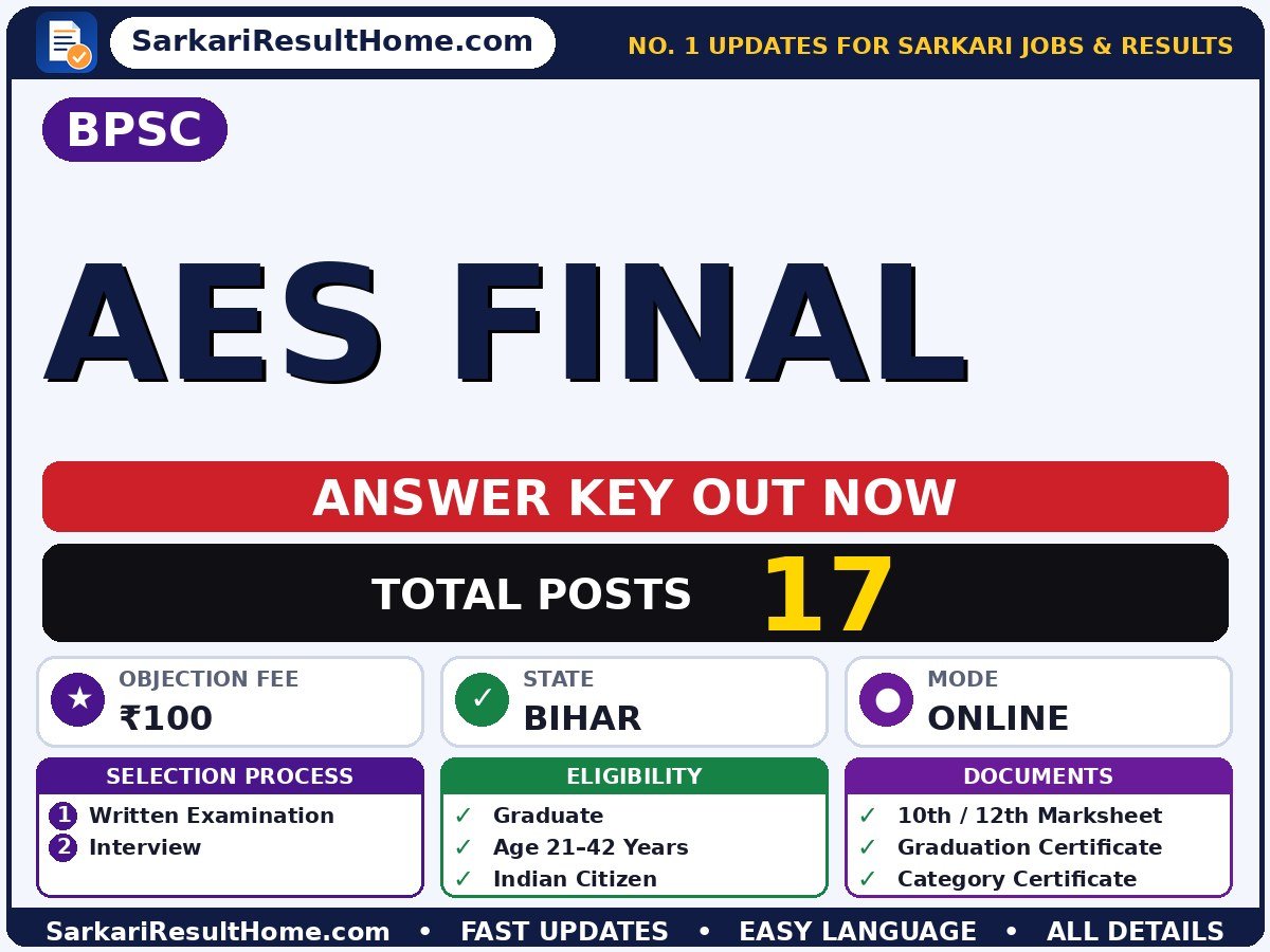 BPSC AES Final Answer Key 2026: Check Here - Bihar Public Service Commission answer key summary (Exam Date: 11 Jun 2026; Objection Fee: ₹100)