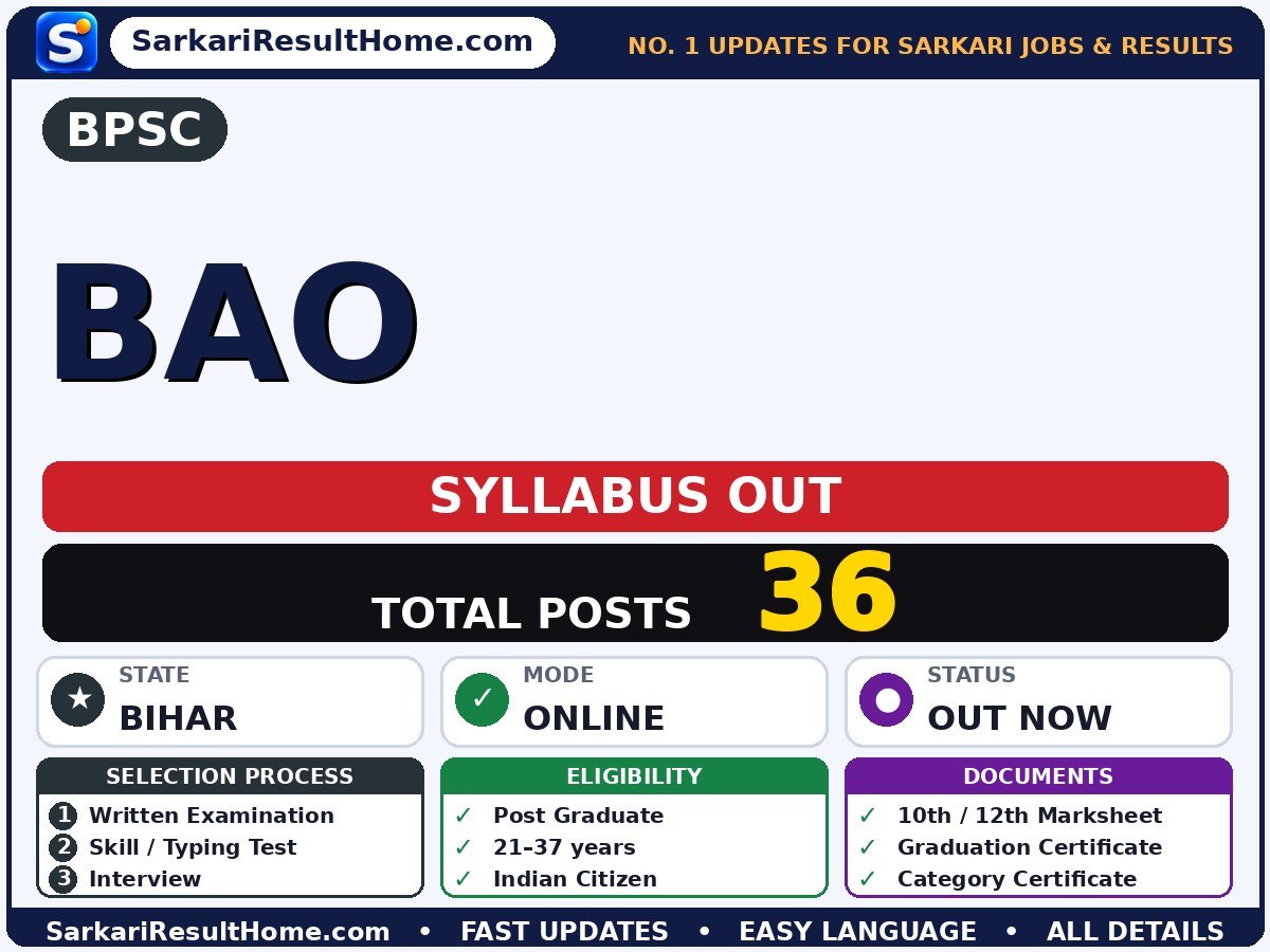 BPSC BAO Syllabus 2026 & Exam Pattern - Bihar Public Service Commission syllabus summary (Selection: Written Examination → Skill / Typing Test → Interview → Document Verification → Medical Examination)