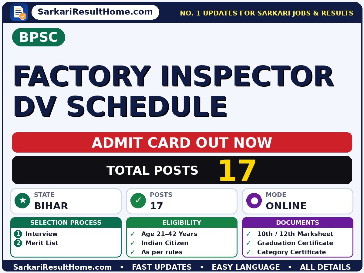BPSC Factory Inspector DV Schedule Admit Card 2026 – Download Link - Bihar Public Service Commission admit card summary