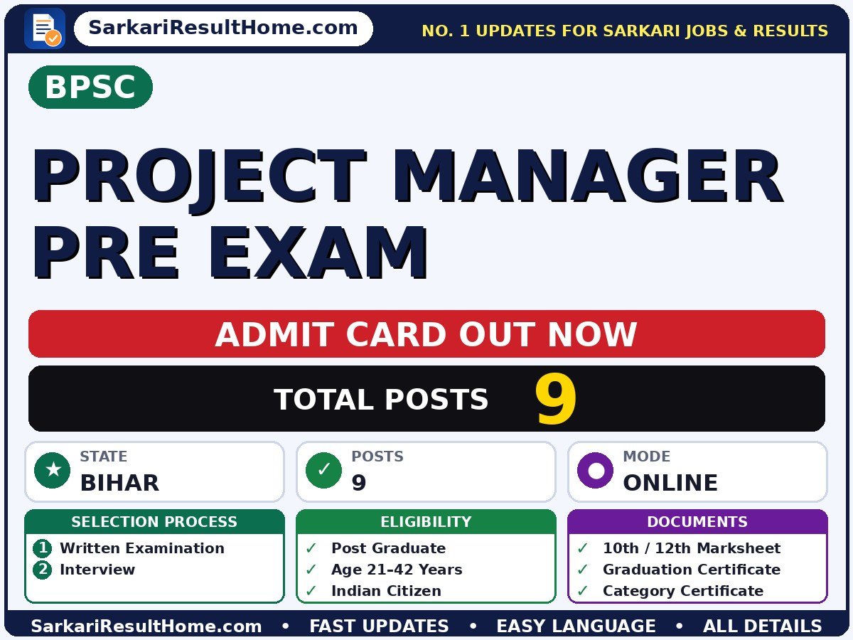 BPSC Project Manager Pre Exam Exam Admit Card 2026 - Bihar Public Service Commission admit card summary (Exam Date: 04 Oct 2026)