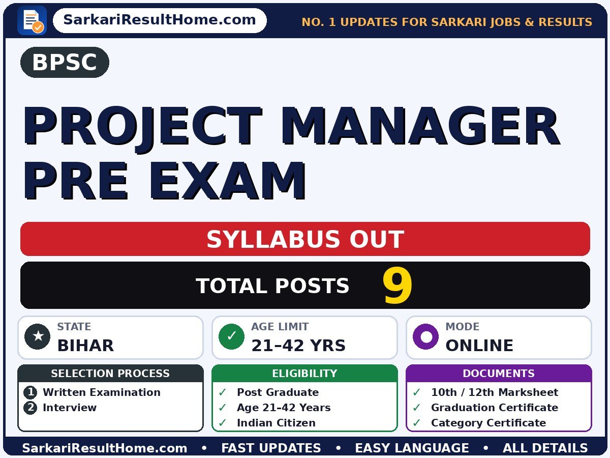 BPSC Project Manager Pre Exam Syllabus 2026 & Exam Pattern - Bihar Public Service Commission syllabus summary (Exam Date: 04 Oct 2026; Selection: Written Examination → Interview)