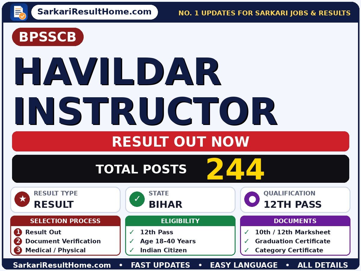 BPSSCB Havildar Instructor Sarkari Result 2026 Out – Check Here - Bihar Police Subordinate Services Commission sarkari result summary (Result Date: 12 Aug 2026; Exam Date: 29 Jul 2026)