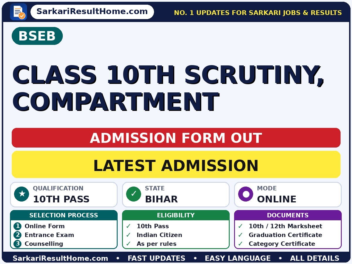 BSEB Class 10th Scrutiny, Compartment Admission 2026 – Dates & Fee - Bihar School Examination Board admission summary (Eligibility: 10th Pass)