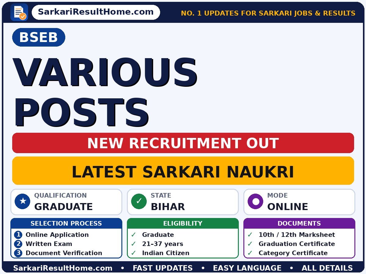 BSEB Sarkari Naukri 2026 for Various – Check Out - Bihar School Examination Board sarkari naukri summary (Last Date: 21 Oct 2026; Qualification: Graduate; Age: 21–37 years)