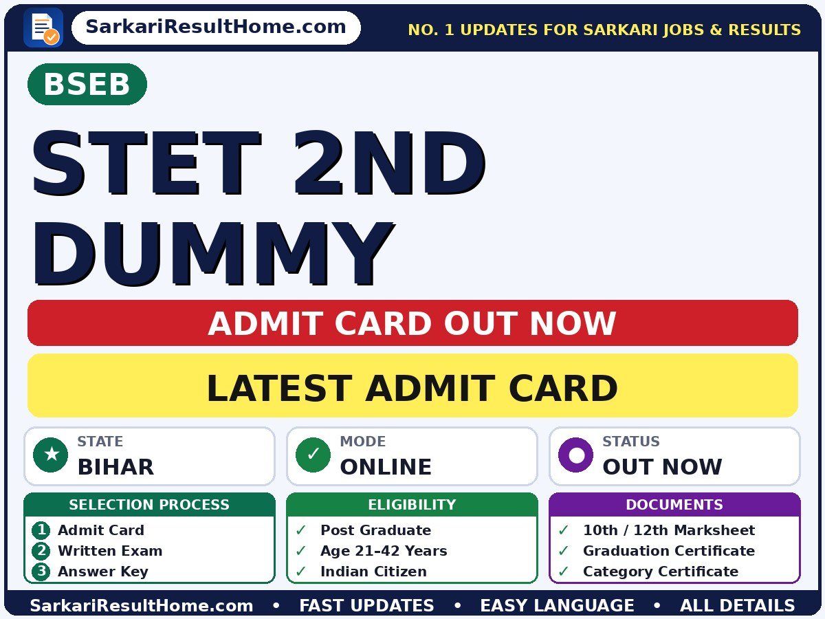 BSEB STET 2nd Dummy Admit Card 2026 Out: How to Download - Bihar School Examination Board admit card summary (Admit Card: 01 Oct 2026)