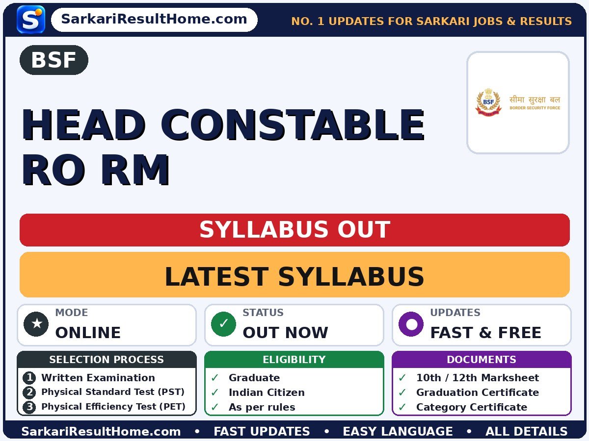 BSF Head Constable RO RM Syllabus 2026 - Border Security Force syllabus summary (Exam Date: 02 Nov 2026; Selection: Written Examination → Physical Standard Test (PST) → Physical Efficiency Test (PET) → Document Verification → Medical Examination)
