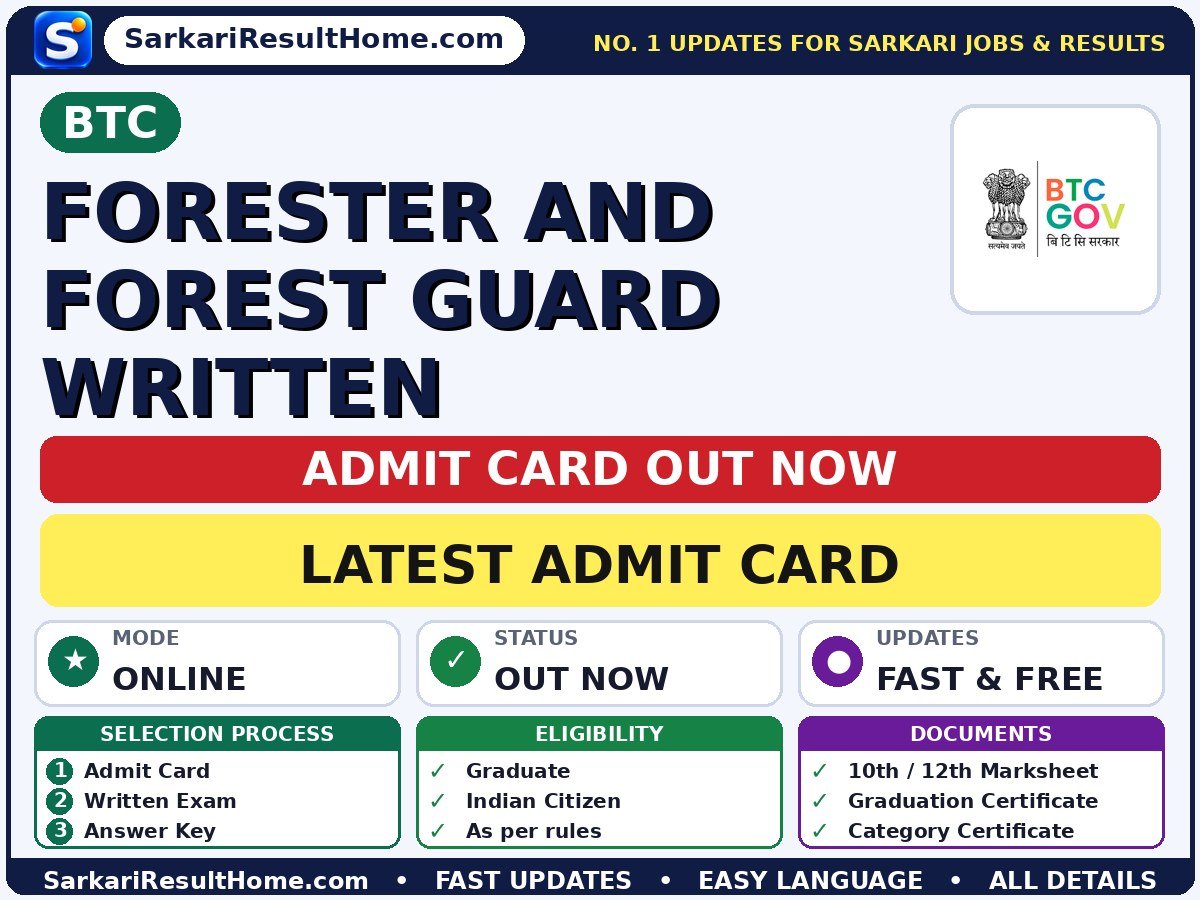 BTC Forester and Forest Guard Written Admit Card 2026 Out: How to Download - BTC admit card summary (Exam Date: 01 Nov 2026; Admit Card: 16 Oct 2026)