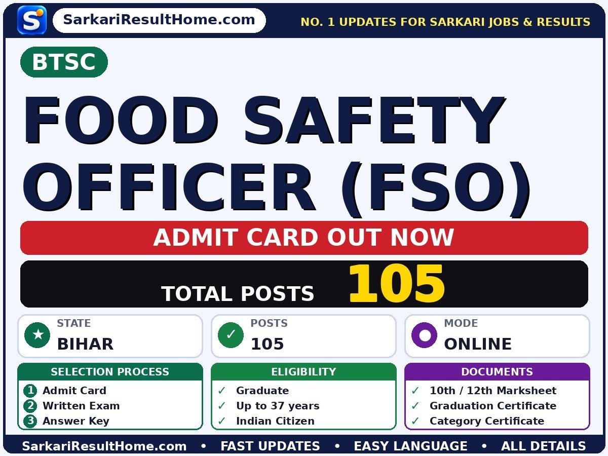 BTSC Food Safety Officer (FSO) Exam Admit Card 2026 - Bihar Technical Service Commission admit card summary