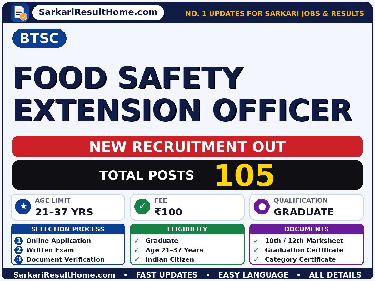 BTSC Sarkari Naukri 2026 for 105 Food Safety Extension Officer Posts – Check Out - Bihar Technical Service Commission sarkari naukri summary (Total Posts: 105; Last Date: 24 Oct 2026; Qualification: Graduate)