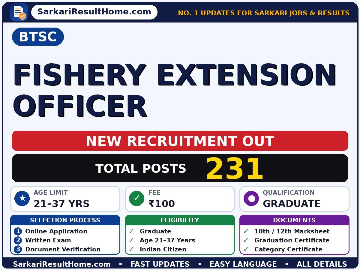 BTSC Sarkari Naukri 2026 for 231 Fishery Extension Officer Posts – Apply Now - Bihar Technical Service Commission sarkari naukri summary (Total Posts: 231; Last Date: 23 Oct 2026; Qualification: Graduate)