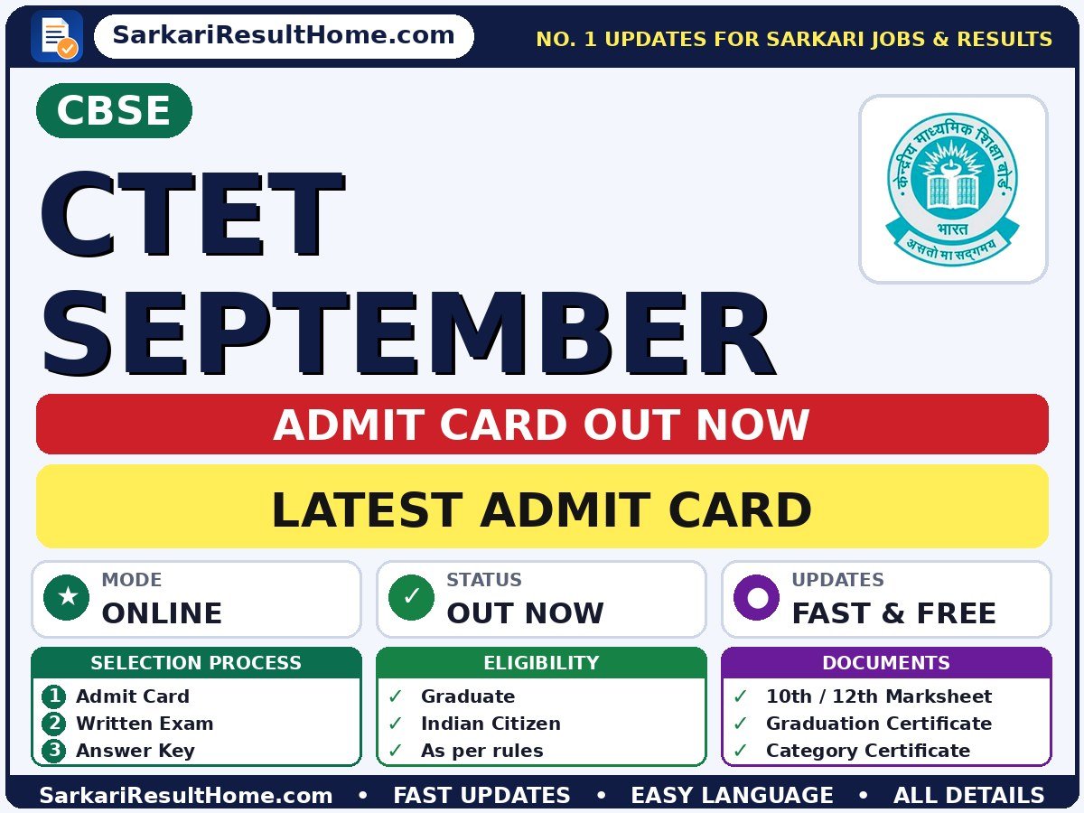 CBSE CTET September Admit Card 2026 Out: How to Download - Central Board of Secondary Education admit card summary (Exam Date: 12 Dec 2026)