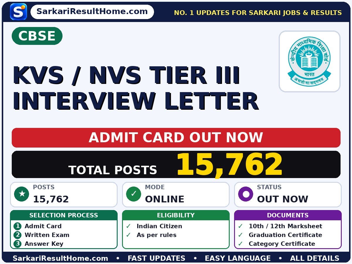 CBSE KVS / NVS Tier III Interview Letter Admit Card 2026 Out: How to Download - Central Board of Secondary Education admit card summary (Exam Date: 10 Jan 2026)
