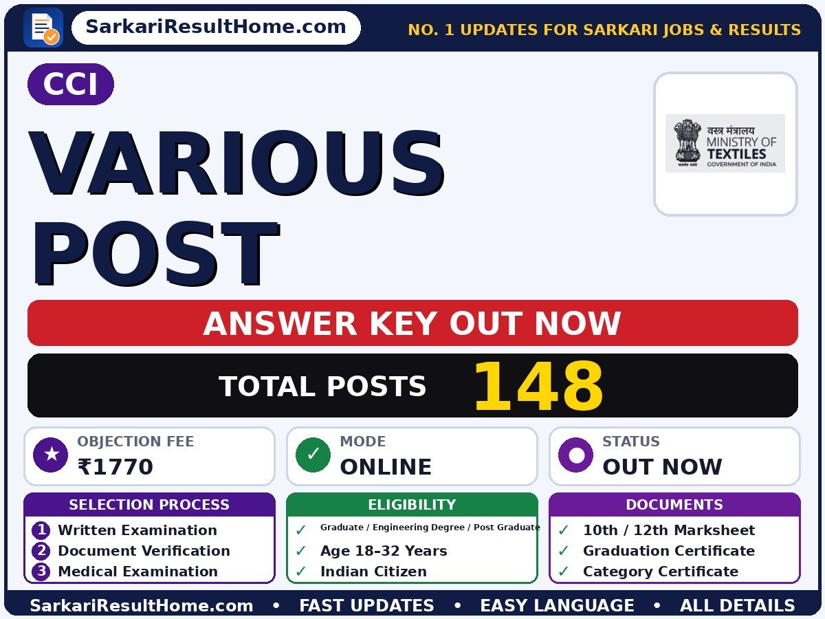 CCI Various Post Answer Key 2026 Out – Download PDF - CCI answer key summary (Exam Date: 01 Sep 2026; Objection Fee: ₹1770)