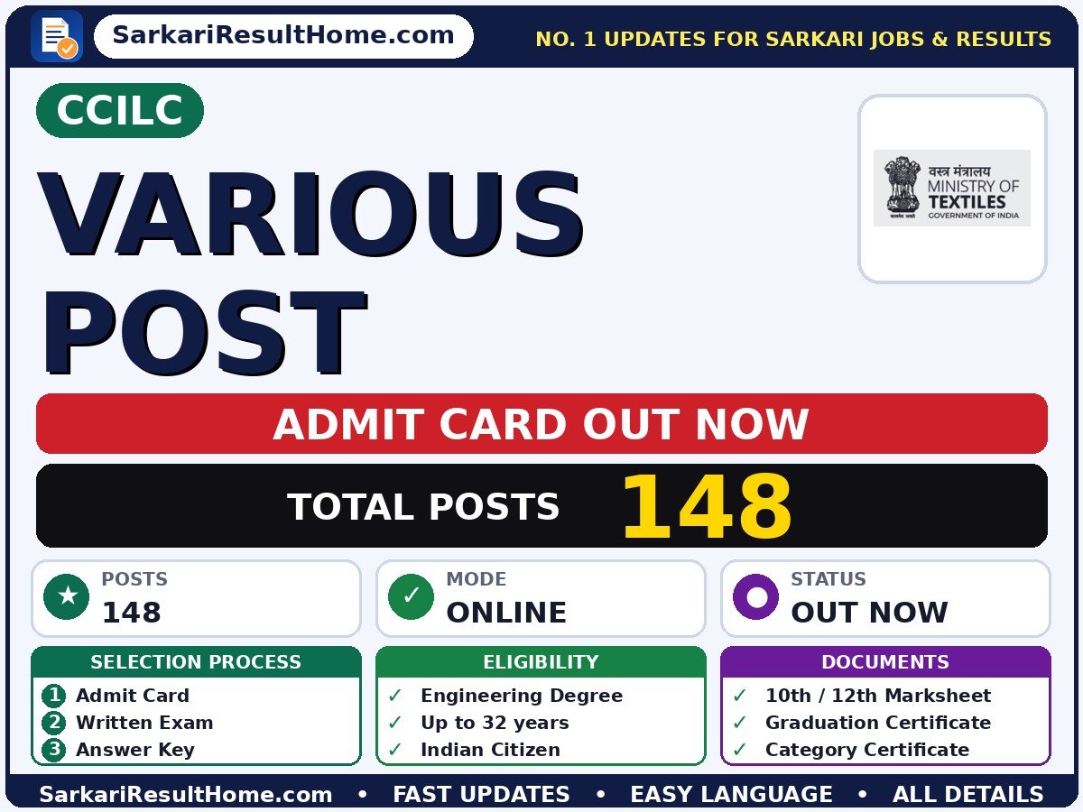 CCILC Various Post Exam Admit Card 2026 - Cotton Corporation of India Ltd. CCI admit card summary (Exam Date: 21 Aug 2026; Admit Card: 21 Aug 2026)