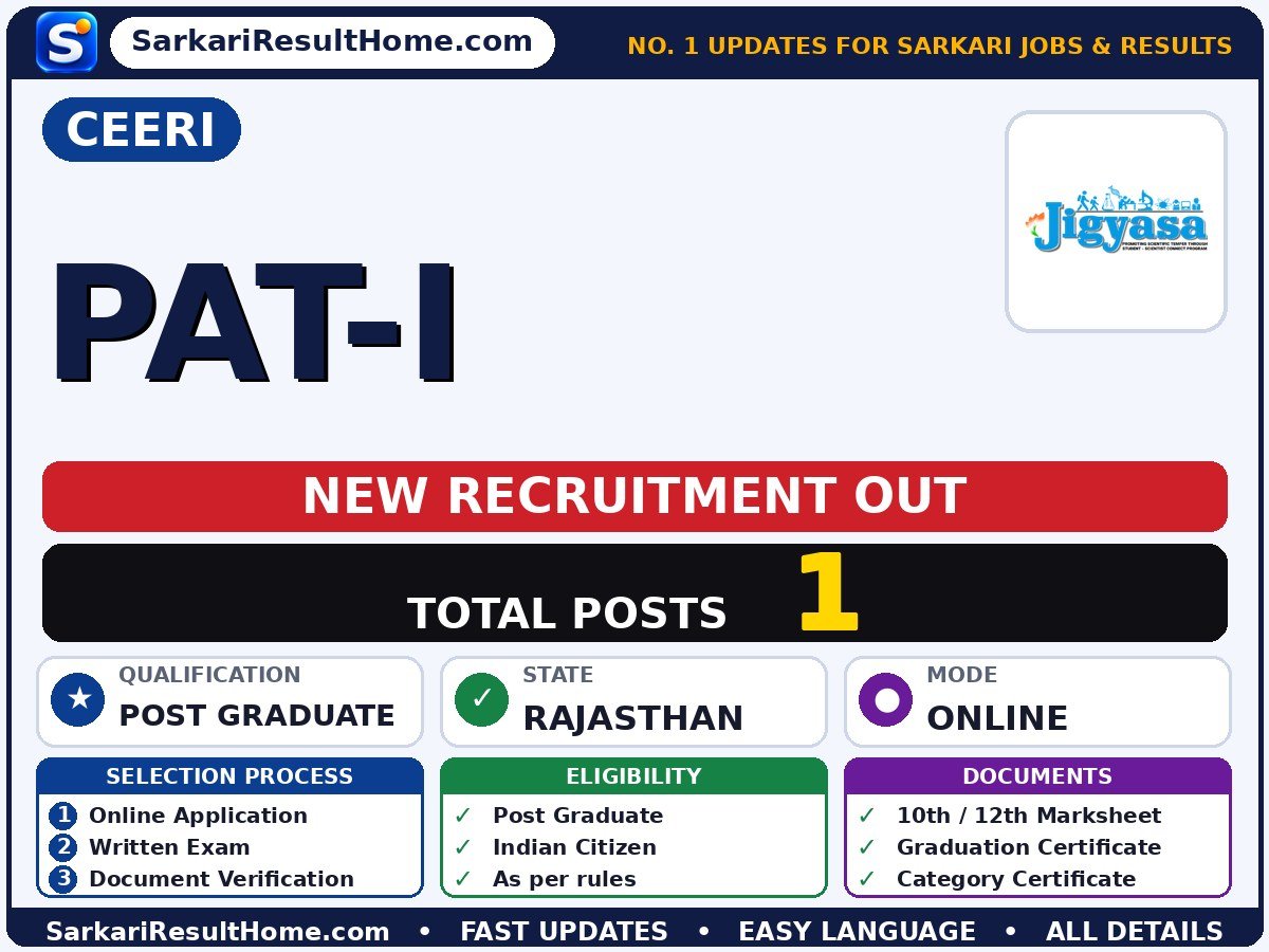 CEERI Government Job 2026 for 1 PAT-I Post – Download PDF - Central Electronics Engineering Research Institute sarkari naukri summary (Total Posts: 1; Last Date: 02 Nov 2026; Qualification: Post Graduate)
