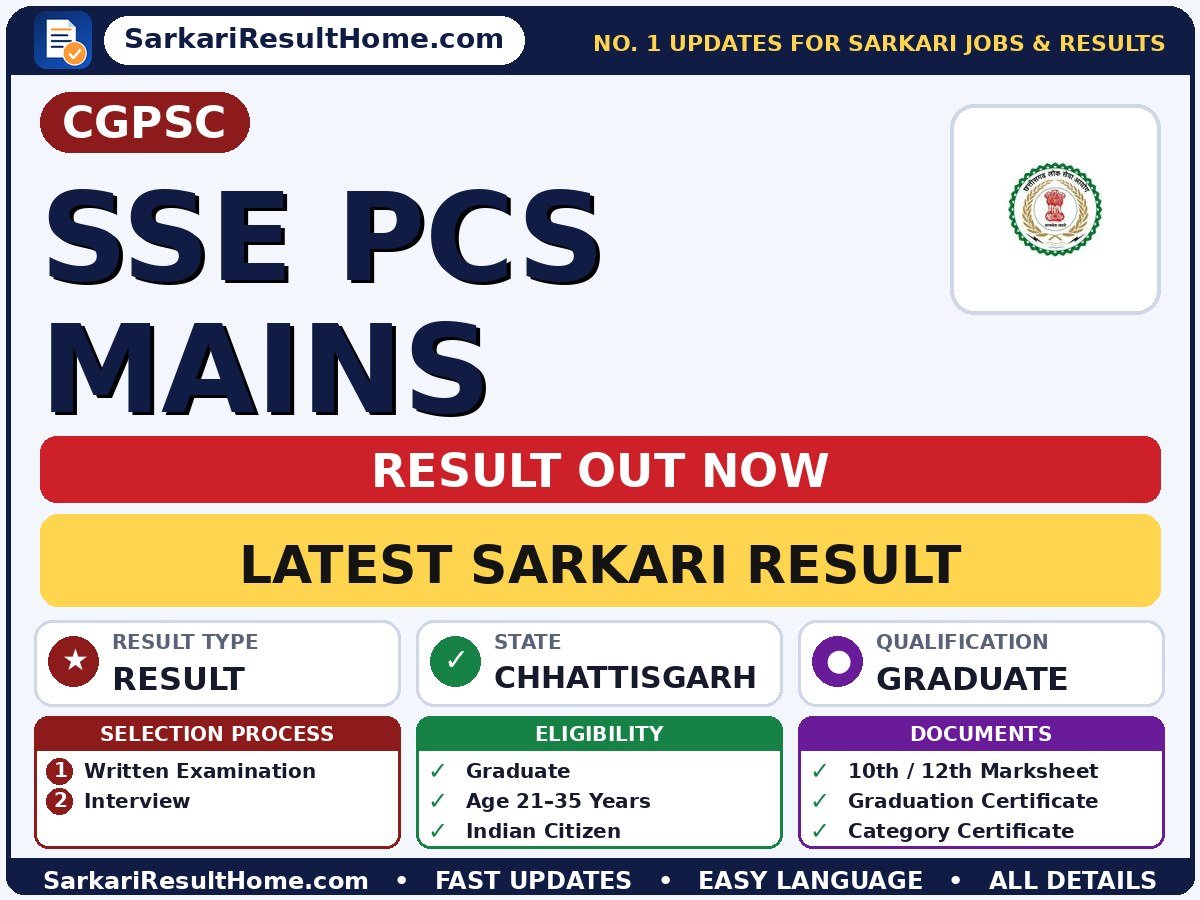 CGPSC SSE PCS Mains Sarkari Result 2026 Declared - Chhattisgarh Public Service Commission sarkari result summary (Result Date: 31 Aug 2026; Exam Date: 06 Jun 2026)