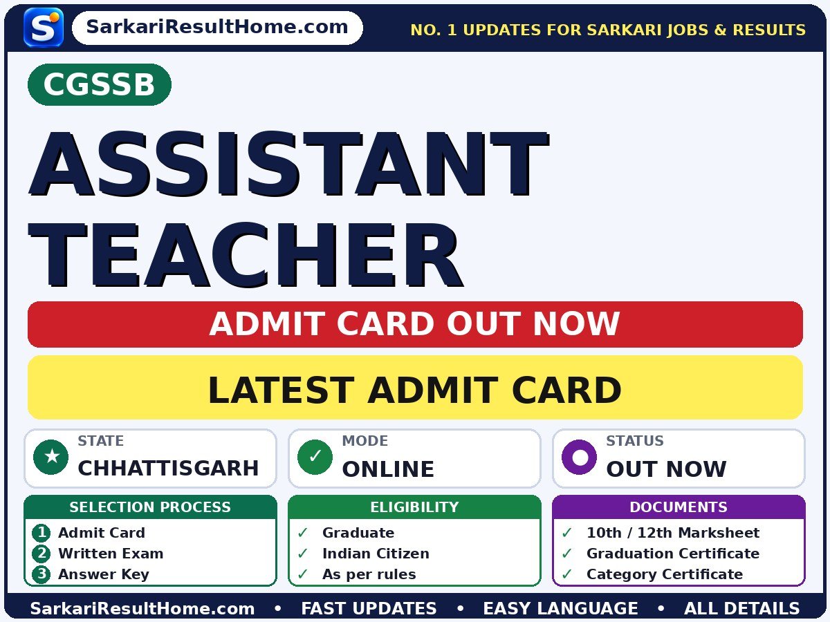CGSSB Assistant Teacher Admit Card 2026 Out: How to Download - CGSSB admit card summary (Exam Date: 06 Dec 2026; Admit Card: 29 Oct 2026)