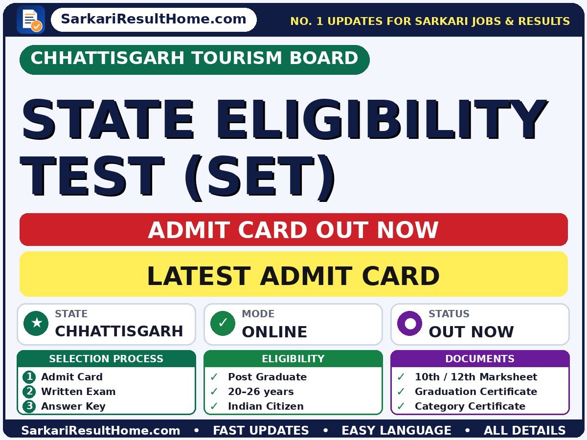 Chhattisgarh Tourism Board State Eligibility Test (SET) Admit Card 2026 – Download Link - Chhattisgarh Tourism Board admit card summary (Exam Date: 04 Oct 2026; Admit Card: 28 Sep 2026)