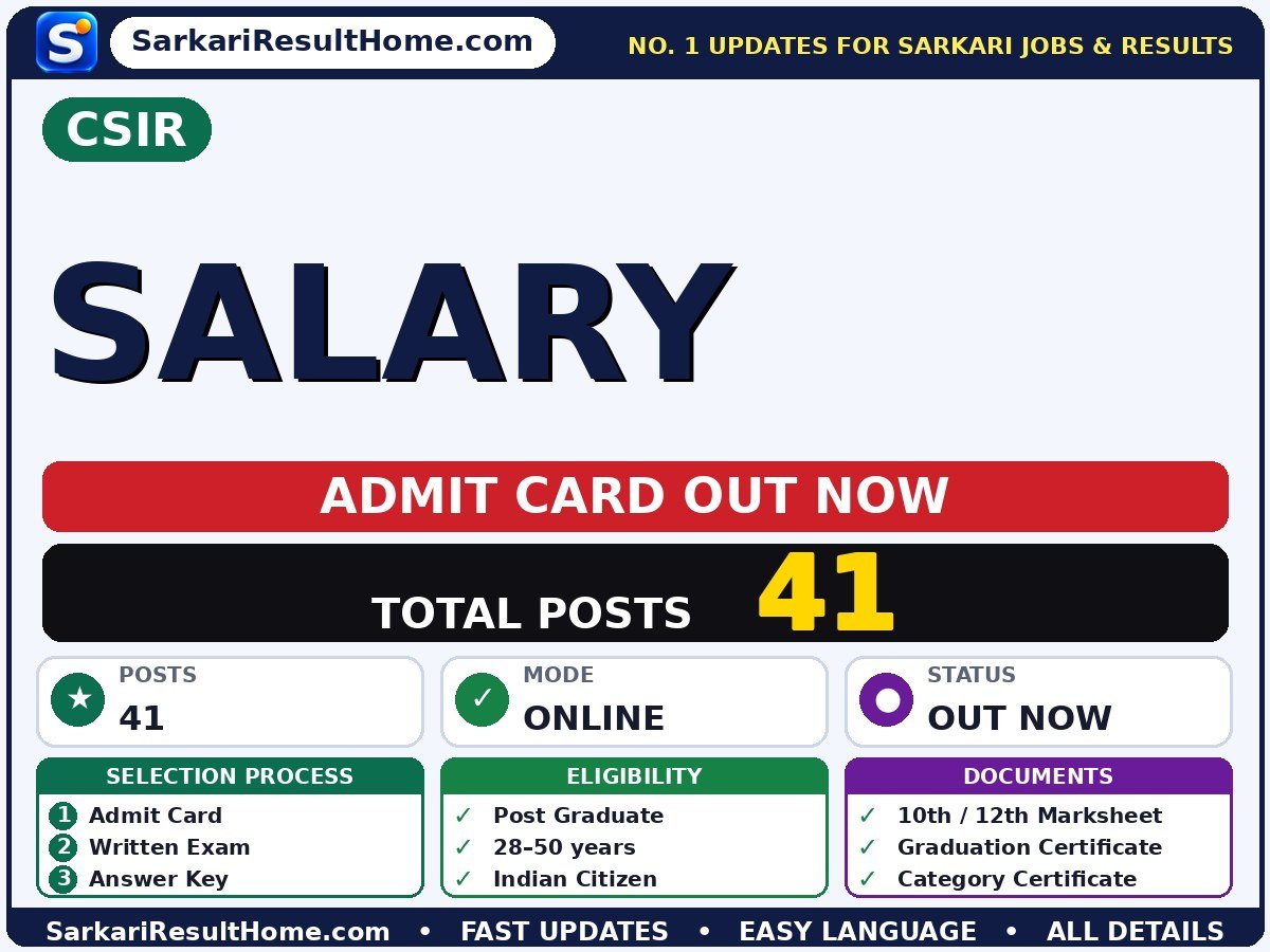 CSIR Salary Admit Card 2026 – Download Link - RECRUITMENT AND ASSESSMENT BOARD CSIR HQRS admit card summary