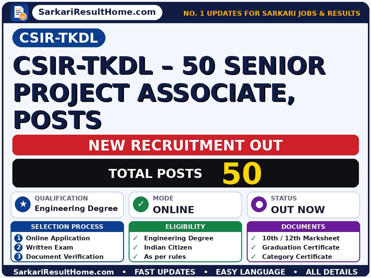 CSIR-TKDL Govt Job 2026 for 50 CSIR-TKDL – 50 Senior Project Associate Posts – Download PDF - CSIR-TKDL sarkari naukri summary (Total Posts: 50; Last Date: 12 Oct 2026; Qualification: Engineering Degree)