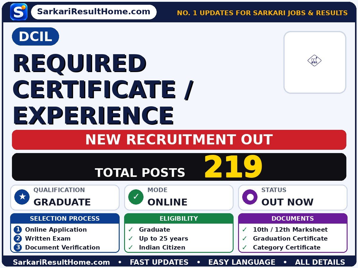 DCIL Government Job 2026 for 219 Required Certificate / Experience Posts – Download Now - Dredging Corporation of India Limited sarkari naukri summary (Total Posts: 219; Last Date: 06 Nov 2026; Qualification: Graduate)