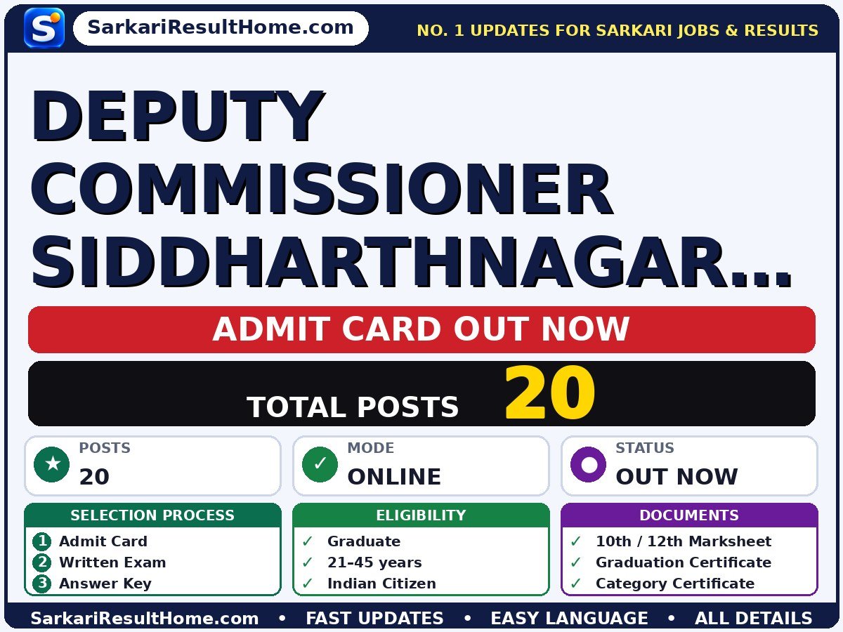 Deputy Commissioner Siddharthnagar Various Posts Offline Exam Admit Card 2026 - admit card summary (Exam Date: 12 Nov 2026)