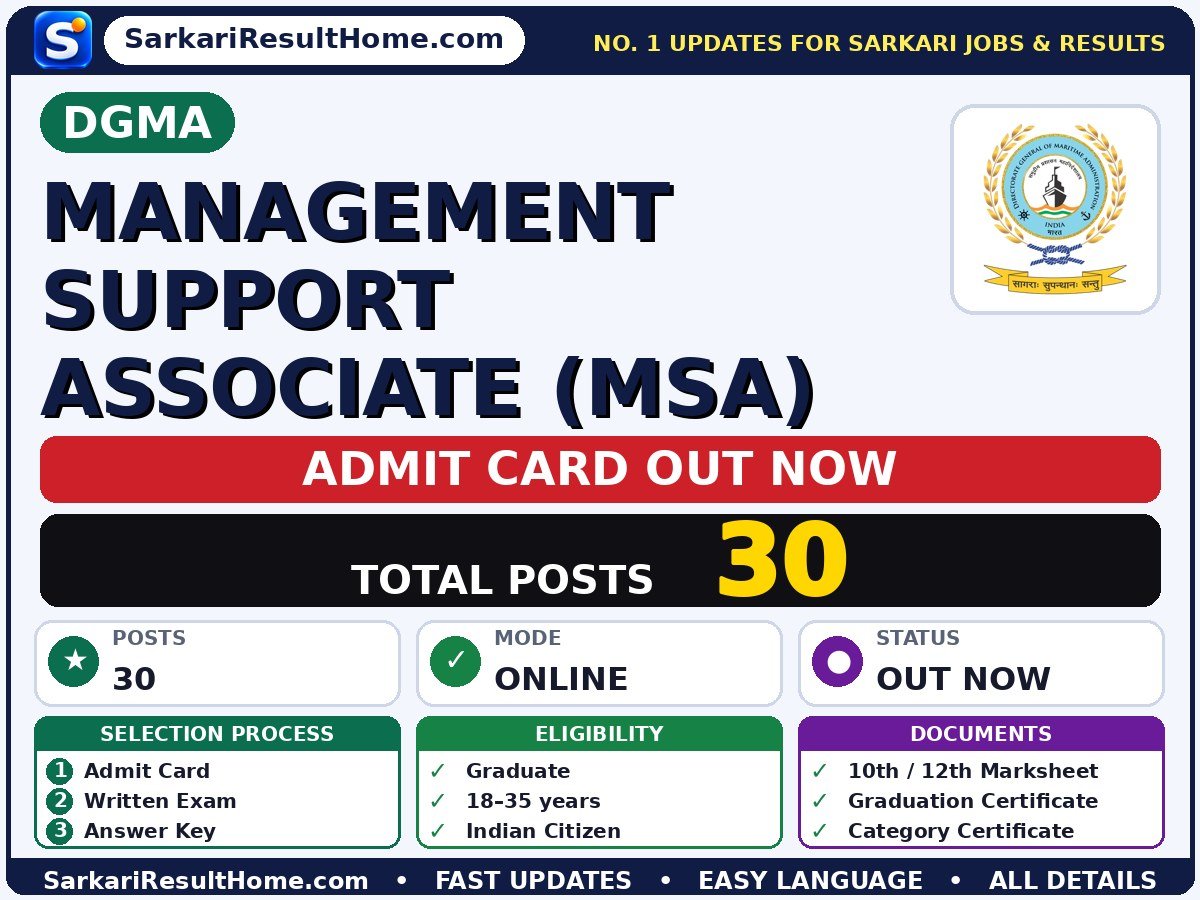 DGMA Management Support Associate (MSA) Exam Admit Card 2026 - Directorate General of Maritime Administration admit card summary