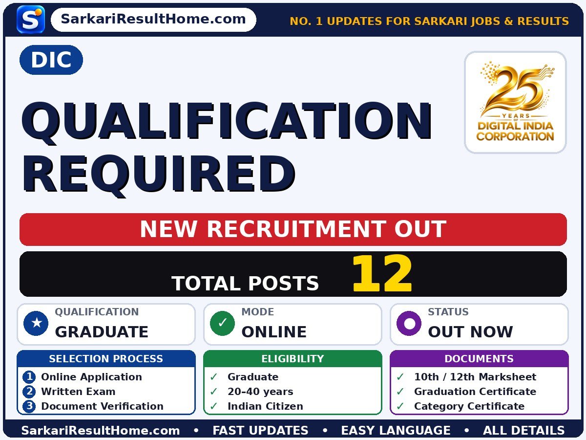 DIC Recruitment 2026 for 12 Qualification Required Posts – Download Now - Digital India Corporation sarkari naukri summary (Total Posts: 12; Last Date: 23 Oct 2026; Qualification: Graduate)