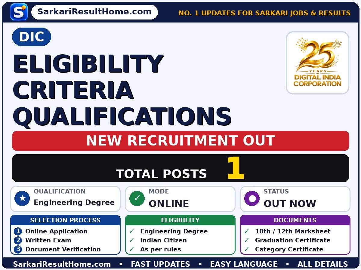 DIC Sarkari Naukri 2026 for 1 Eligibility Criteria Qualifications Post – Check Details - Digital India Corporation sarkari naukri summary (Total Posts: 1; Last Date: 30 Oct 2026; Qualification: Engineering Degree)