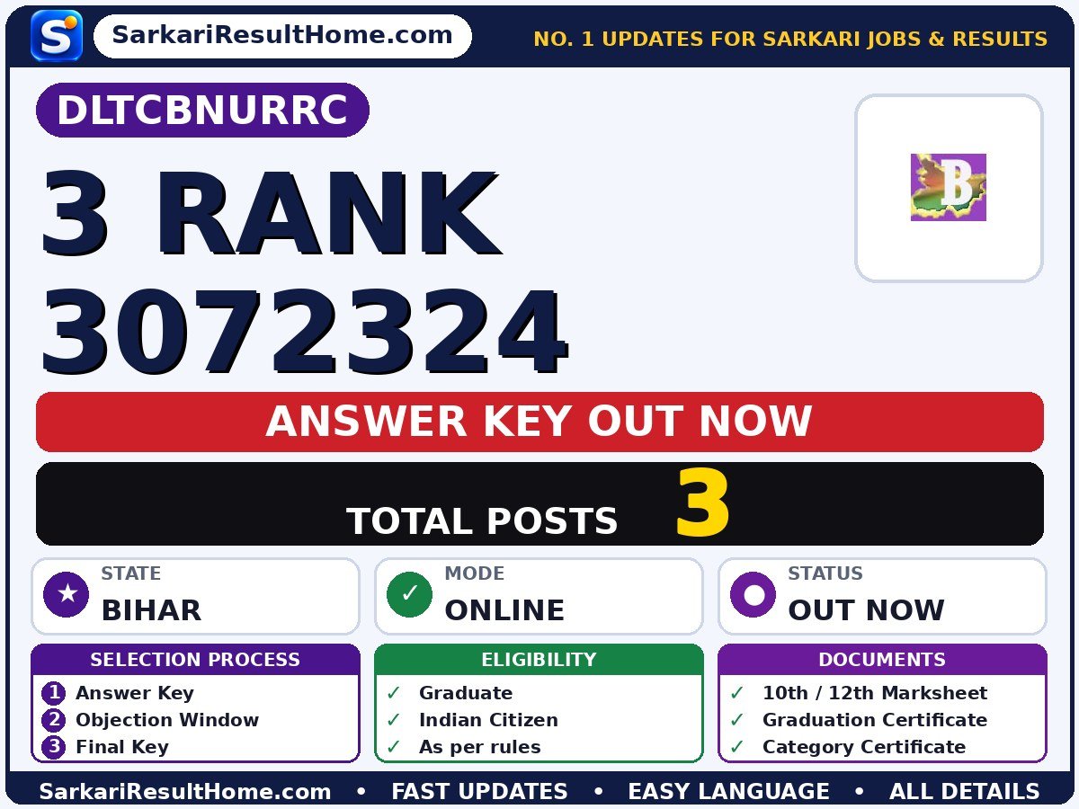 DLTCBNURRC 3 Rank 3072324 Answer Key 2026 Released - Direct Link to Check Bihar NEET UG Round 3 Rank Card 2026 answer key summary