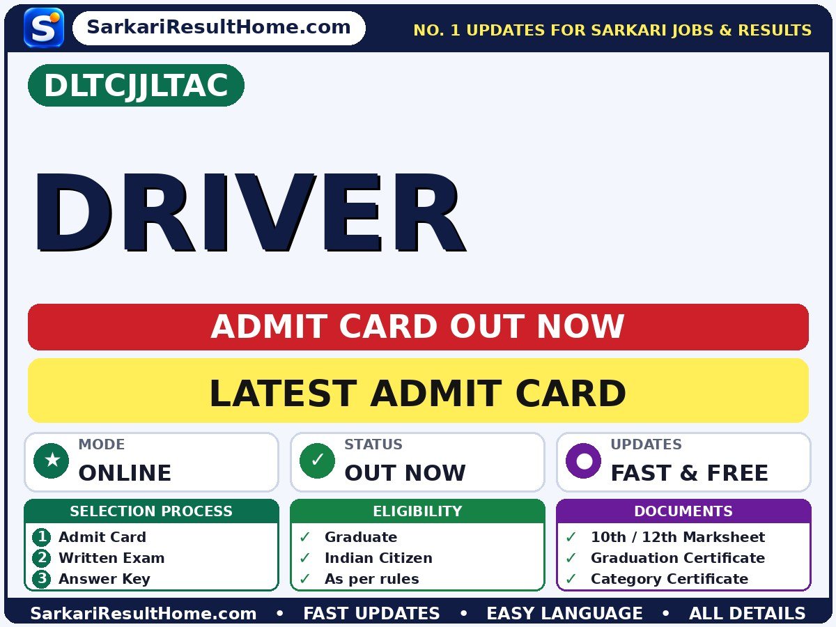 DLTCJJLTAC Driver Exam Admit Card 2026 - Direct Link to Check JKSSB Junior Laboratory Technician Admit Card 2026 admit card summary (Exam Date: 09 Oct 2026)