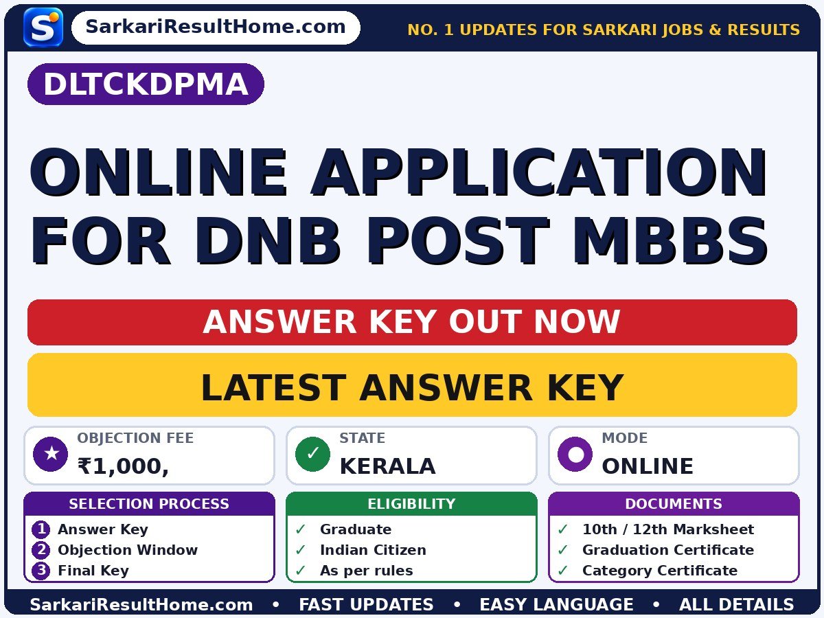 DLTCKDPMA Online Application for DNB Post MBBS Answer Key 2026: Check Here - Direct Link to CEE Kerala DNB Post MBBS Admission 2026 answer key summary (Objection Fee: ₹1,000,)