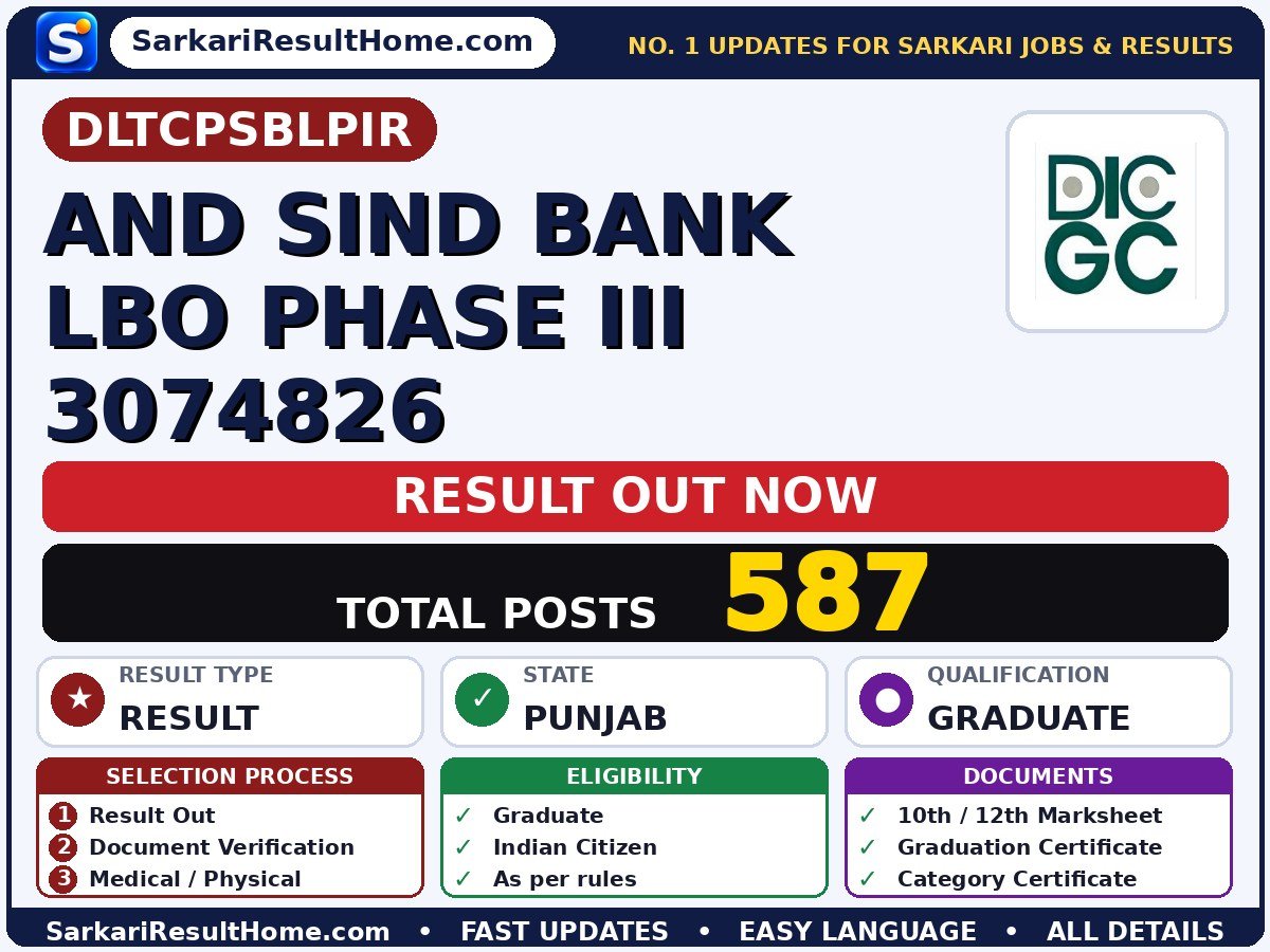 DLTCPSBLPIR And Sind Bank LBO Phase III 3074826 Sarkari Result 2026: Direct Link & Score Card - Direct Link to Check Punjab & Sind Bank LBO Phase III Result 2026 sarkari result summary