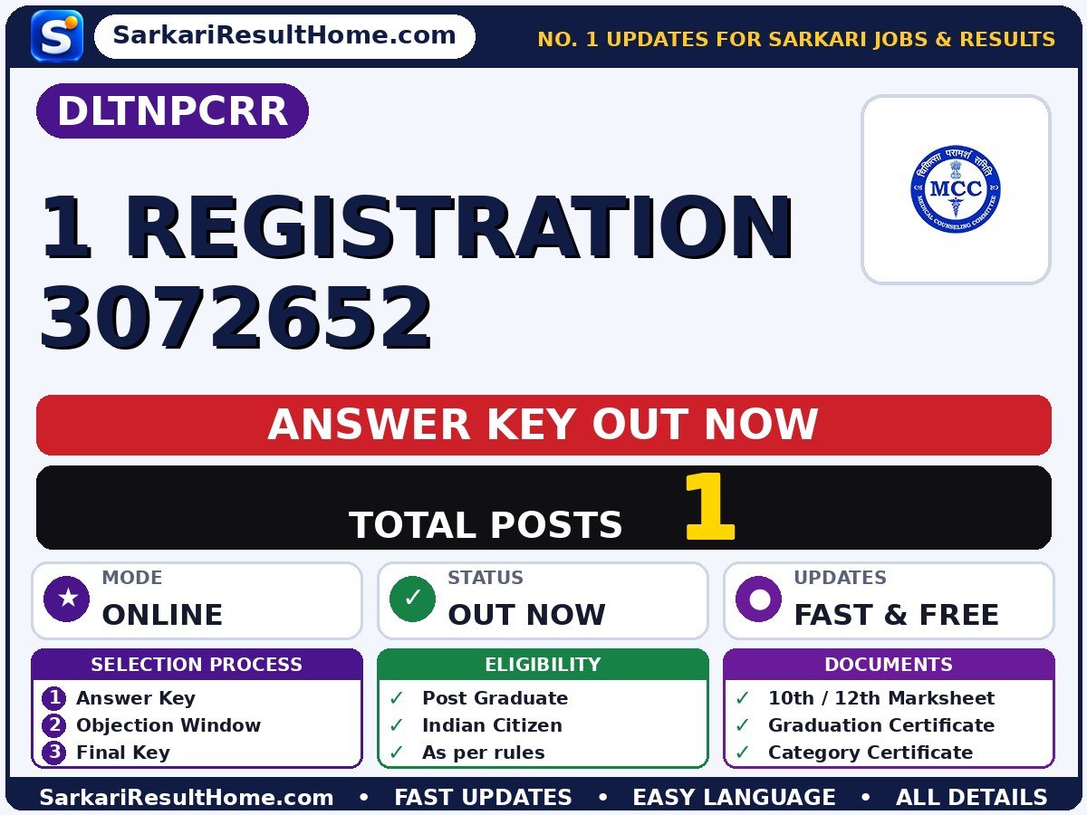 DLTNPCRR 1 Registration 3072652 Answer Key 2026 Released - Direct Link to NEET PG Counselling 2026 Round 1 Registration answer key summary