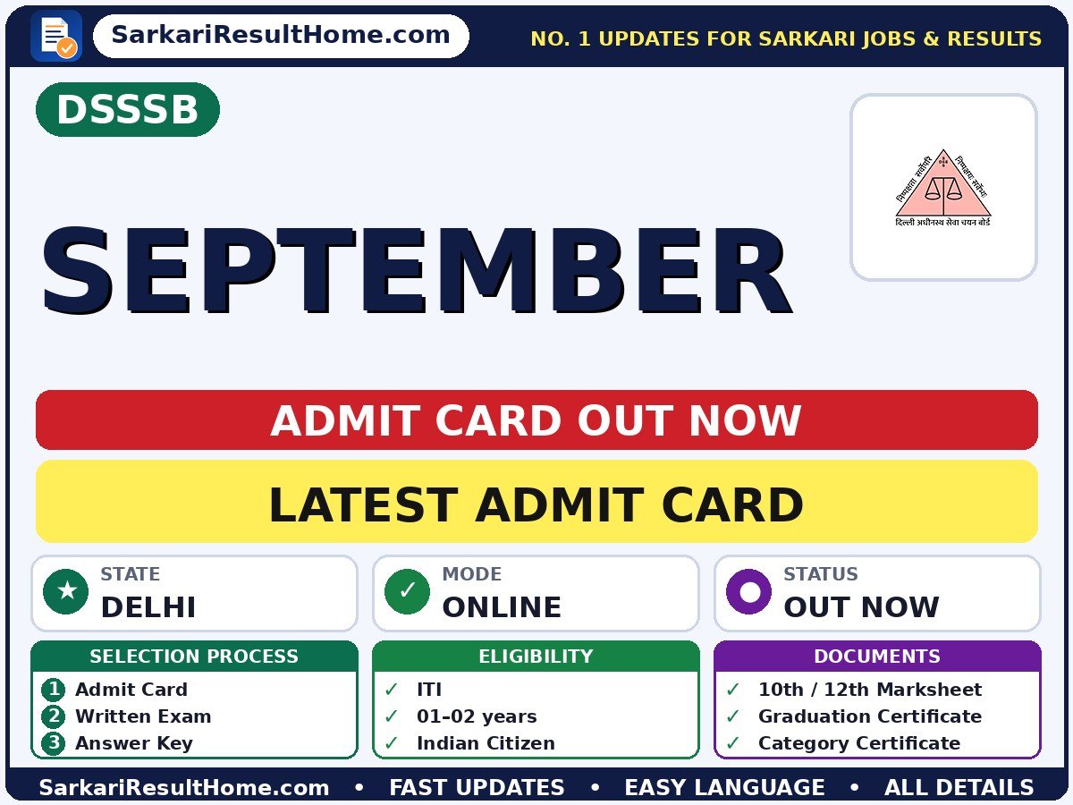 DSSSB September Exam Admit Card 2026 - Delhi Subordinate Services Selection Board admit card summary (Exam Date: 01 Sep 2026; Admit Card: 27 Aug 2026)