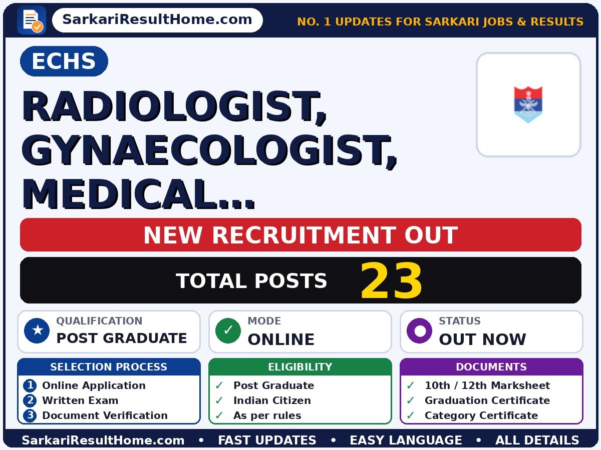 ECHS Government Job 2026 for 23 Radiologist, Gynaecologist and Others – Apply Now - ECHS sarkari naukri summary (Total Posts: 23; Last Date: 14 Oct 2026; Qualification: Post Graduate)