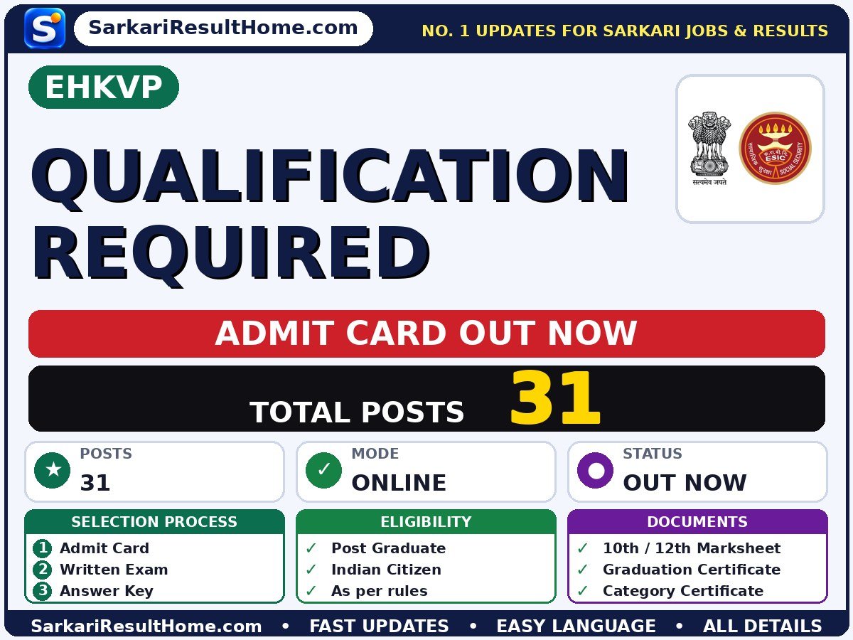 EHKVP Qualification Required Admit Card 2026 Out: How to Download - ESIC Hospital Korba Various Posts admit card summary