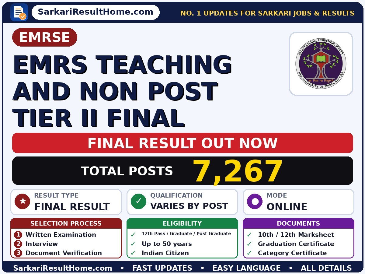 EMRSE EMRS Teaching and Non Post Tier II Final Final Result 2026: Sarkari Result, Check Now - EkLavya Model Residential School sarkari result summary (Result Date: 17 Sep 2026; Exam Date: 22 Mar 2026)